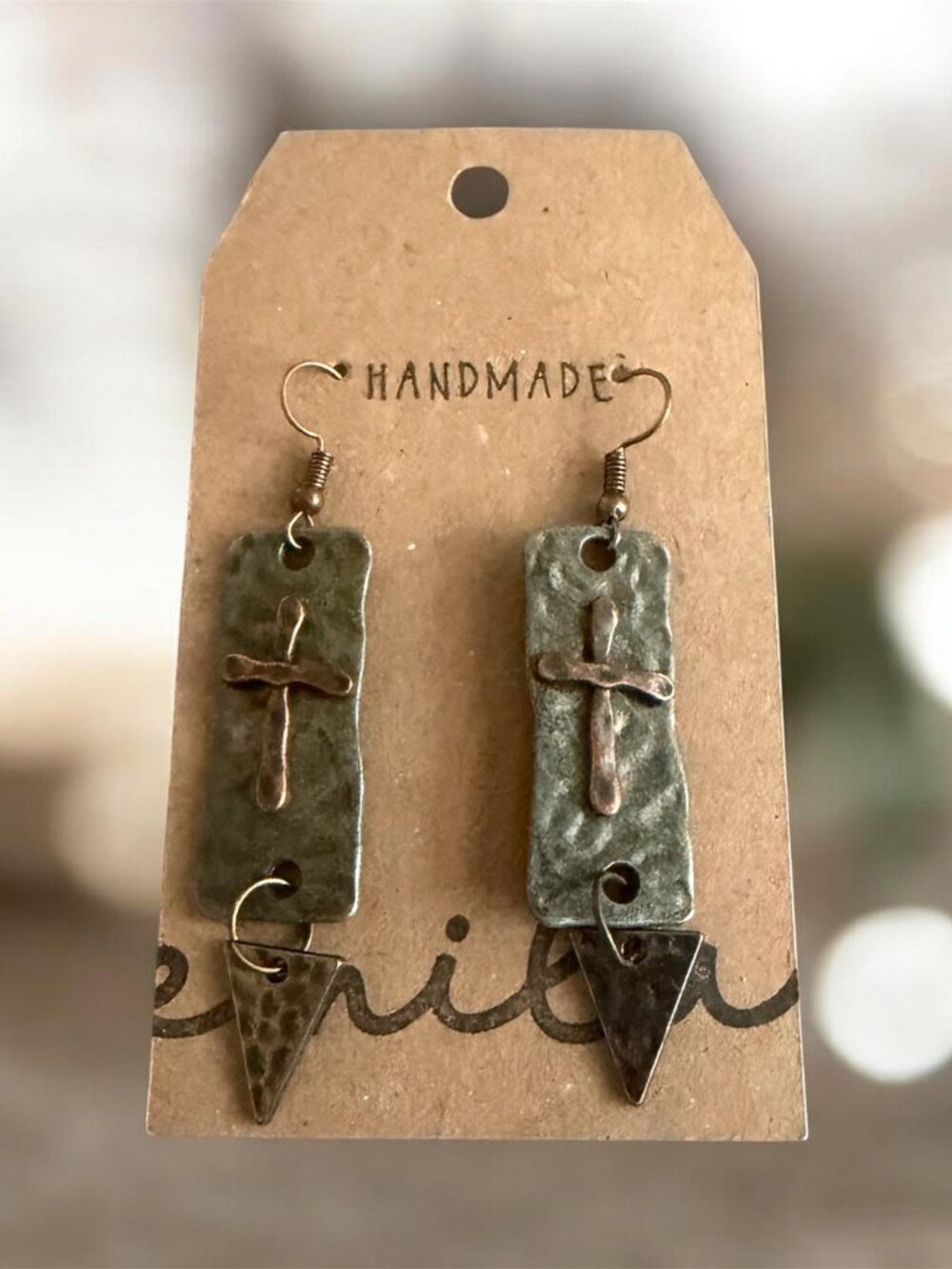 Gunmetal Rectangle Earrings with Copper Cross